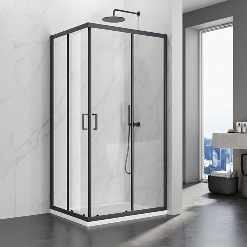SIRHONA Cabine de Douche 80x100x195 cm Coulissante à Double Ouverture, Noir, Porte de Douche en Verre à Deux Panneaux Fixes avec Verre Transparent de 5 mm, Réglable d'un seul côté 20 mm