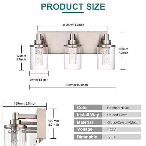 Image of Brushed Nickel Bathroom LED Vanity Lighting Over Mirror- 3 Lights | Modern Integrated LED Vanity Light Fixtures Wall Mounted for Bathroom with Crystal Bulb Clear Glass Shade