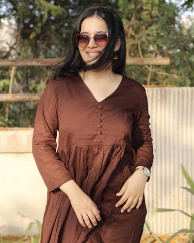 Image of Anarkali Kurta Pant Set for Women Long Flared V-Neck Kurta | Office & Casual Wear | 3 /4 Sleeve | Button Front | Karwa Chauth & Diwali Special Office wear