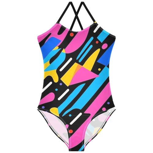 Pigsaly Girls One Piece Swimsuits Retro Cartoon 80s 90s Memphis Kids Cross Back Swimwear Toddler Beach Sport Bathing Suit 3T