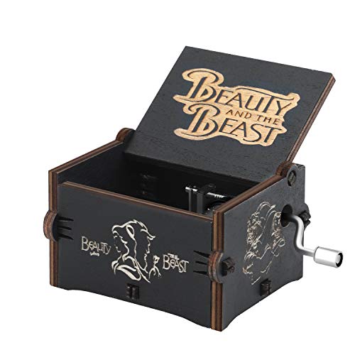 Huntmic Wooden Beauty and The Beast Music Box,Hand Crank Classic Antique Carved Wood Musical Boxes Birthday for Kids Children … (Black)