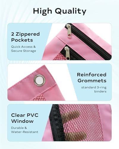 Image of Pencil Pouch 3 Ring Binder: 3 Ring Binder Pencil Case Bag Zipper Pencil Pouch Bulk Holder Accessories Clear Window Pencil Case Aesthetic Pencil Organizer Pockets (Pink, 1), 3RB-muti