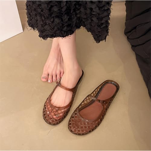 Image of Jelly Mesh Ballet Flats for Women Clear Hollow Jelly Shoes Sandals Round Toe Non-Slip Beach Ballerina Jellies Flats Shoes