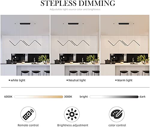 Ganeed Modern Pendant Light, Dimmable Creative LED Chandelier 47.2"Linear Wave Light Fixture with Remote Control, Adjustable Hanging LED Pendant Light Fixture for Dining Room Kitchen Island(40W Black)