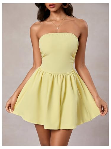 MakeMeChic Women's Summer Elegant Strapless Mini Dress with Bow Ruched Ruffle A Line Bandeau Party Mini Dress2
