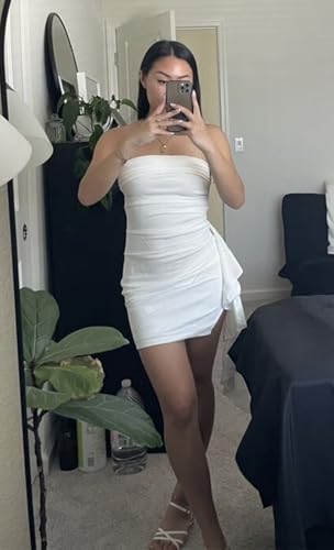 Strapless Homecoming Dresses for Teens Tight Satin Ruffle Slit Short Prom Gown Cocktail Party Dress4