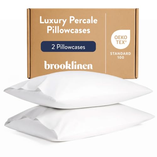 Brooklinen Luxury Percale Pillowcase Set of 2 – 100% Cotton Pillow Cases Breathable Weave, Machine Washable - Durable & Soft Pillowcases for Everyday Comfort, Pillow Covers for Standard Size (White)