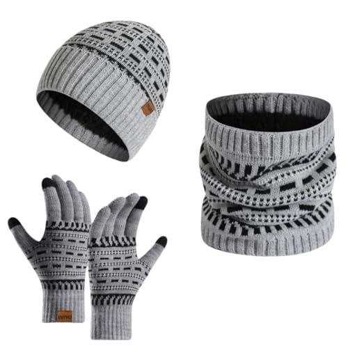 DURINM - Hommes Hiver Chaud Bonnet Tricot Longue Echarpe Gants Tactiles Ensemble Bonnet Doublé Polaire Chaude Cadeau pour Hommes et Femmes 3 Pièces