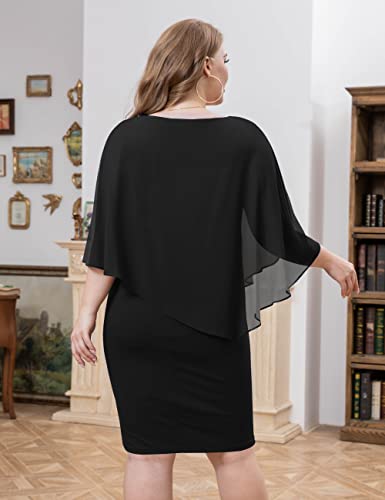 FOLUNSI Women's Plus Size V Neck Bodycon Pencil Dresses Chiffon Cape Midi Dress L-4XL4