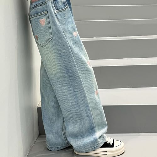 Teens Girls Baggy Y2K Jeans Kids Heart Print Vintage Elastic Wasit Palazzo Denim Pants Little Girl Trendy Wide Leg Trousers3