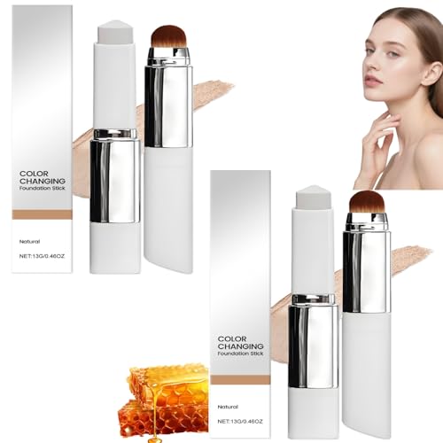 2PCS Color Changing Foundation Stick,3-in-1 Foundation Full Coverage with Detachable Brush, Medium To Full Coverage De/wy Finish Base Makeup, Korean Makeup Color,For All Skin Types(Natural)
