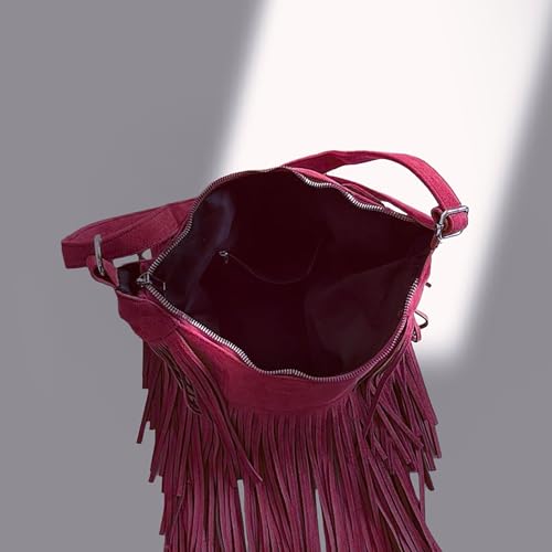 Image of Women Vintage Suede Fringe Hobo Bag Tote Shoulder Bag Crossbody Bag and Hippie Western Cowgirl Purse Shoulder Bag