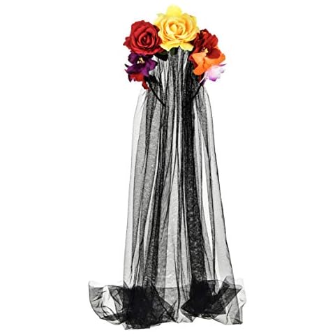 Funsveta Day of the Dead Headpiece Rose Floral Crown Lace Veil Halloween Costume Dress Up Accessory (Red and Yellow Rose Lily Flower) Cover