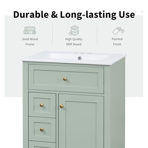 Image of Favfurish 24 inch Sage Green Bathroom Vanity with Ceramic Sink, Rubberwood Frame Freestanding Storage Cabinet w /3 Drawers & Tilt-Out Drawer, Adjustable Shelf, Heavy-Duty 150 lb Capacity for Small Space