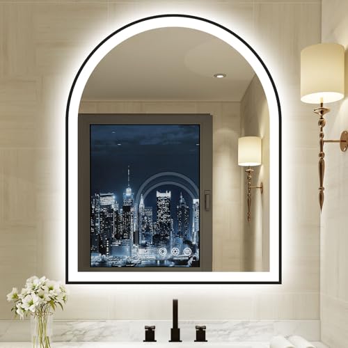 Image of 30.1 inchx36.1 inch Arched LED Mirror for Bathroom,Black Lighted Bathroom Mirror with Lights-Fogless, Dimmable, 3 Color Changing, Shatterproof, Touch Sensor