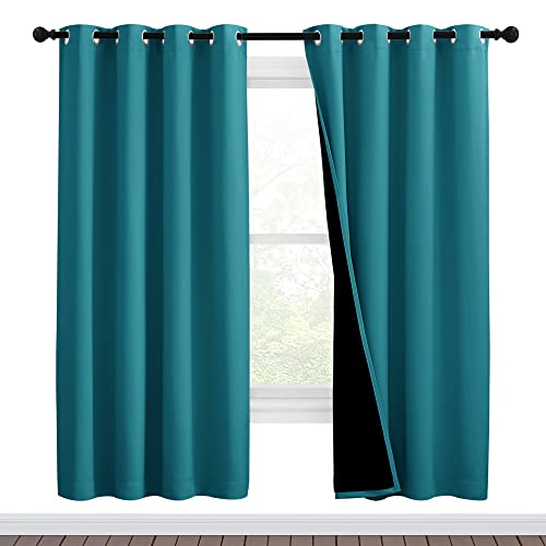 NICETOWN 100% Blackout Window Curtain Panels, Full Light Blocking Drapes with Black Liner for Nursery, 72-inch Drop Thermal Insulated Draperies (Peaco