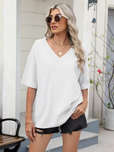 Womens Oversized T Shirts Cotton Short Sleeve Tees Ribbed Trim V Neck Tops Loose Fit Fashion Clothes 20252