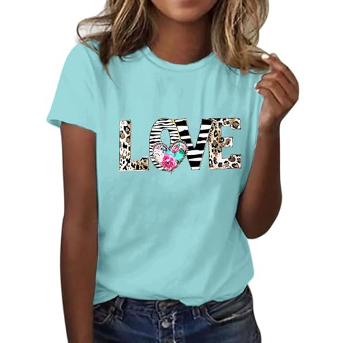 Sweatshirts Women Women's Festival Tops Valentine's Day Car Heart Pattern Crew Neck Short Sleeve Tunic Tops Fashion 2025 Basic Clothes B-Sky Blue