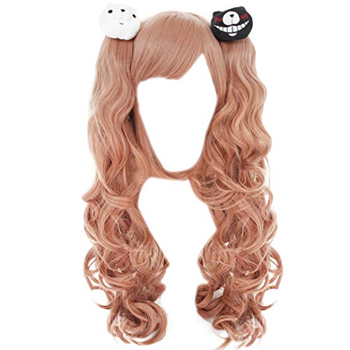 ANOGOL Free Hair Cap+Pink Cosplay Wig with 2 Bears Long Curly Wig with 2 Ponytails for Lolita Wigs