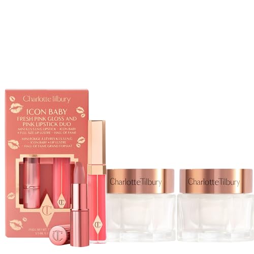 Charlotte Tilbury Magic Cream Duo with Icon Baby Lip Set - 2 Firming-Effect Peptide Moisturizers 30ml + Mini Lipstick & Full-Size Gloss - Hydrating Skincare & Pink Lip Makeup Gift Set