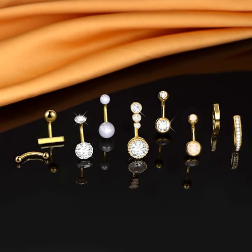 FIASASO 9 Pcs Gold Belly Button Ring - Surgical Stainless Steel CZ Opal Pearl Clicker Piercings for Women Navel Pack Silver Gold3