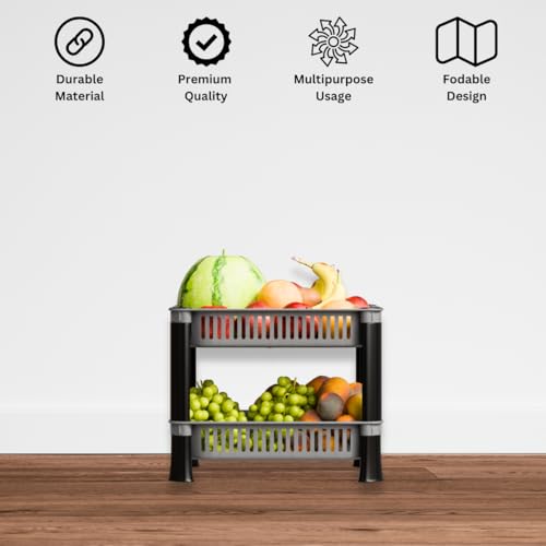 Biltoxi Multipurpose Plastic Kitchen Rack with Baskets | Vegetable & Fruit Storage Stand | Strong & Durable Organizer for Kitchen, Bathroom & Utility (2 Layer, Silver)