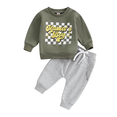 Image of Toddler Baby Boy Clothes Mamas Boy Fall Winter Outfit Long Sleeve Letter Sweatshirt Plaid Jogger Pants Newborn Set