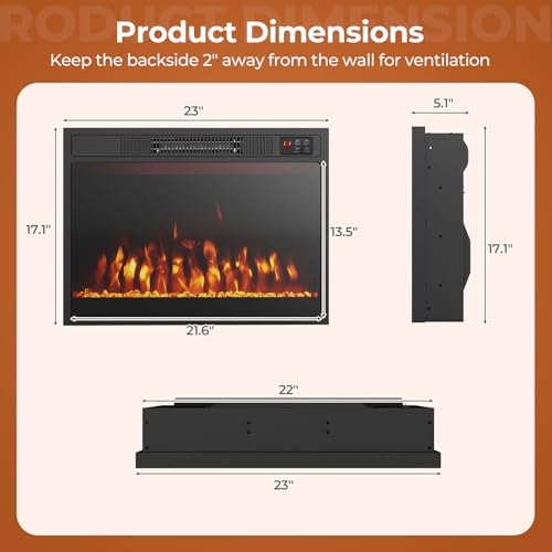 RELAX4LIFE 23-inch Electric Fireplace Inserts - 750W/1500W Fireplace Heater w/3 Flame Color, Adjustable Crystal Brightness, Thermostat, 1-8H Timer & Remote Control, Recessed Fireplace Insert