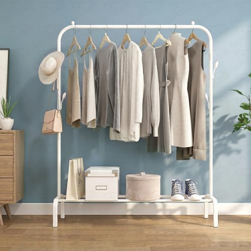 Lukzer | Heavy-Duty Metal Garment Rack with Bottom Storage Shelf & 4 Side Hooks | Freestanding Clothes Stand for Bedroom, Entryway, Living Room | White | 40 x 110 x 148 cm | Model No. MGS-001