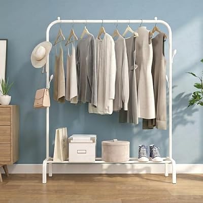 Lukzer | Heavy-Duty Metal Garment Rack with Bottom Storage Shelf & 4 Side Hooks | Freestanding Clothes Stand for Bedroom, Entryway, Living Room | White | 40 x 110 x 148 cm | Model No. MGS-001