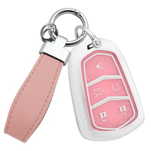 SANRILY Fshion 5 Button Smart Key Fob Cover Fit for Cadillac XT4 XT5 XT6 2019-2025 Keyless Key Case with Leather Keychain Pink