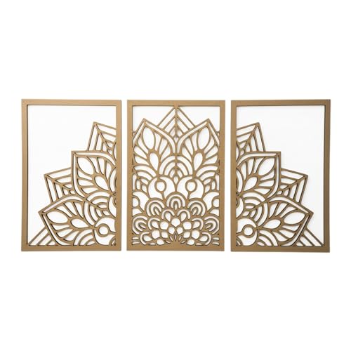Cuadro mural mandala. Arte de Pared en Madera. Set 3 paneles decorativos boho y Zen. Decoración para el salón y hogar. Mandala decorativo 122 cm x 60 cm (Medio mandala madera)