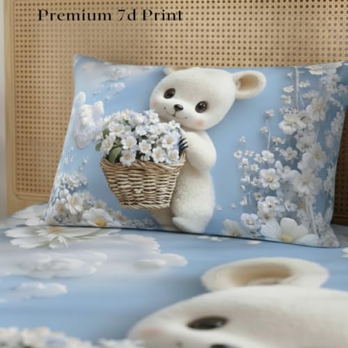 Image of 7D Fairy Tale Cozy Teddy Collection Double Bedsheet 90x100 inch with 2 Pillow Covers | Good Stitching, Soft Fabric & Vibrant 7D Digital Print for Kids & Couples (Blue)