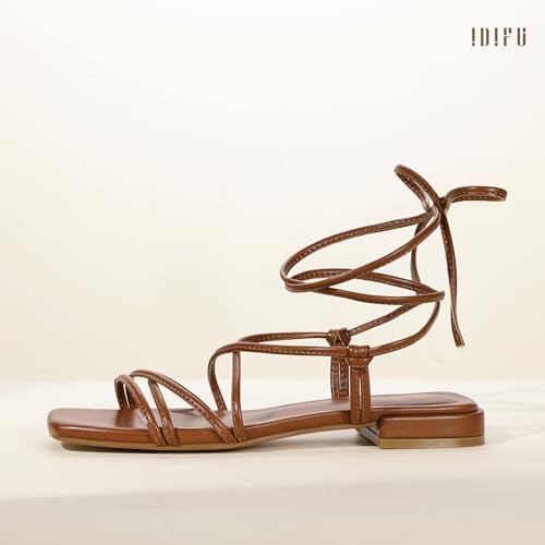 Image of IDIFU Strappy Lace Up Flat Sandals for Women Tie Up Square Open Toe Ankle Wrap Straps Dressy Gladiator Summer Beach Wedding Party Ladies Comfortable Cute Casual Dress Sandals