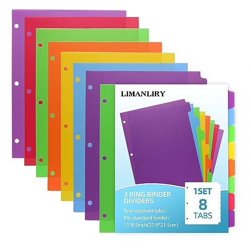 Colorful Binder Dividers with Tabs,Plastic Index with 8-Tabs,for 3 Ring Binder,6 Sets