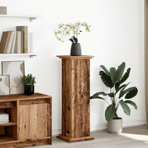 Teenpull Support de fleurs en forme de colonne en bois - 31 x 30 x 90 cm - 3 compartiments de rangement - Aspect bois recyclé - Étagère pour intérieur et extérieur