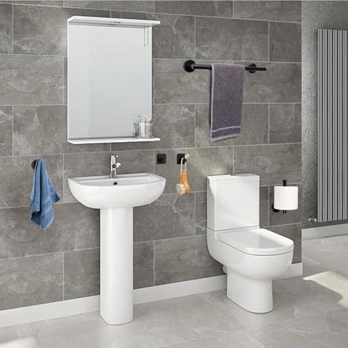 Image of JIALTO 5-Piece Bathroom Towel Holder | Towel Rod | Toilet Roll Stand | Wall Mounted Bathroom Fittings Full Set - 16 Inch Hand Towel Bar | Toilet Paper Holder | Adhesive Hooks(Black, 5 - Pieces Set)