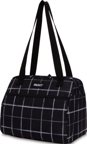 PackIt Freezable Hampton Lunch Bag, Black Grid | Built-in ice packs, EcoFreeze+ Technology, Front pocket, Shoulder straps, Zip closure, Collapsible, Reusable