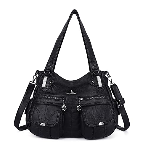 Image of Purses Women Handbags Large Double Zipper Multi Pocket Washed Shoulder Bags Purse with compartments Designer