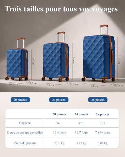 British Traveller Valigia Grande Trolley 74,5CM Valigie Rigida ABS+PC con Rotelle Girevoli e TSA Lucchetto (28pollici, Blu/Marrone) - 6