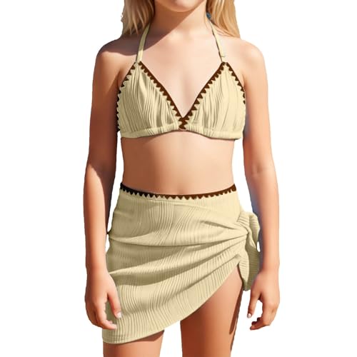 Conjunto Bikini Tres Piezas niña Top Triangular Texturizado Tirantes Ajustables Falda bañador Envolvente con Nudo, Tejido Anti‑Cloro elástico, para Playa Piscina Verano niñas 7‑14 años