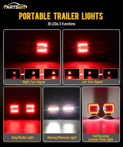 Image of Partsam Wireless LED Trailer Light Kit, Square Portable Magnetic Stop Turn Reverse License Towing Tail Lights w /Metal Bracket 7-Pin Plug for Trucks Trailers 12-24V IP67 Waterproof