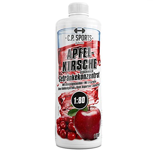 C.P. Sports Konzentrat zuckerfrei 1:80 (ca. 80 Liter Fertiggetränk) + Dosierpumpe – Getränkekonzentrat Getränkesirup Fitness Sport Getränk – L-Carnitin & Vitamine – 1 Liter Apfel-Kirsche