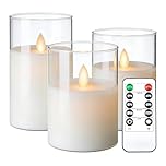 Da by Flameless Candles with Glass Effect H 10/12.5/15 cm Set of 3 Drip-Less Real Wax Pillars Include Realistic Dancing LED Flames and 10-Key Remote Control with 24-Hour Timer Function