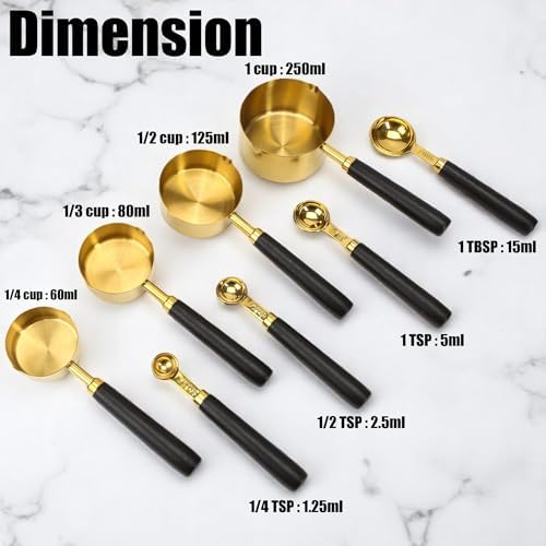 Set of 8 Black and Gold Measuring Cups and Spoons, Wooden Handle Stainless Steel Cup Kit with US Measurements for Dry & Liquid Ingredients, Dual Spout Cooking Baking Kitchen Gadget, Father's Day Gift - Thumbnail 3
