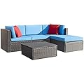 Devoko 5 Pieces Patio Furniture Sets All Weather Outdoor Sectional Patio Sofa Manual Weaving Wicker Rattan Patio Seating Sofas with Cushion and Glass Table (Blue)