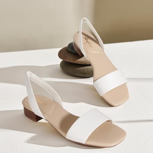 Image of Ankis Low Heel Women Sandal Square Open Toe Brown Black White Leather Flat Sandal Comfortable Summer Slip on Slide Shoe Casual Beach Party Wedding 2025