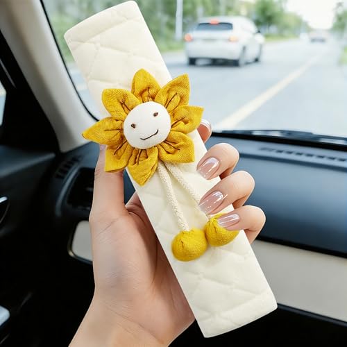 Image of Amooca Soft Auto Seat Belt Cover Seatbelt Shoulder Pad Cushions 2 PCS for a More Comfortable Driving Universal Fit for All Cars and Backpack Off-White Orange Sunflower