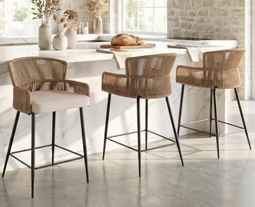 Image of HNY Farmhouse Woven Bar Stools Set of 3, 26 Inch Linen Upholstered Rattan Barstools with Curved Backs, Modern Cane Counter Height Bar Chairs with Metal Legs and Armrest for Kitchen Island, Beige