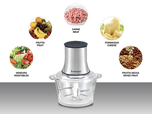 BEPER P102ROB001 Tritatutto in vetro, Contenitore in vetro, Corpo in Abs, Doppia coppia di lame in acciaio,2 velocità, base antiscivolo, Capacità di 1,5L, Grigio/Nero - immagine 4